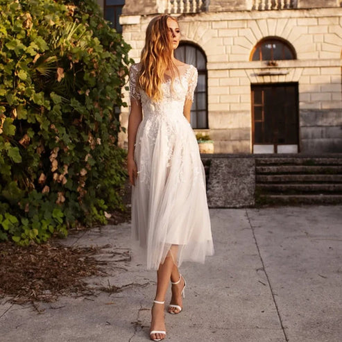 Tea Length Sleeves Ethereal Modern A-Line V-Neck Button Back Wedding Dress Elegant