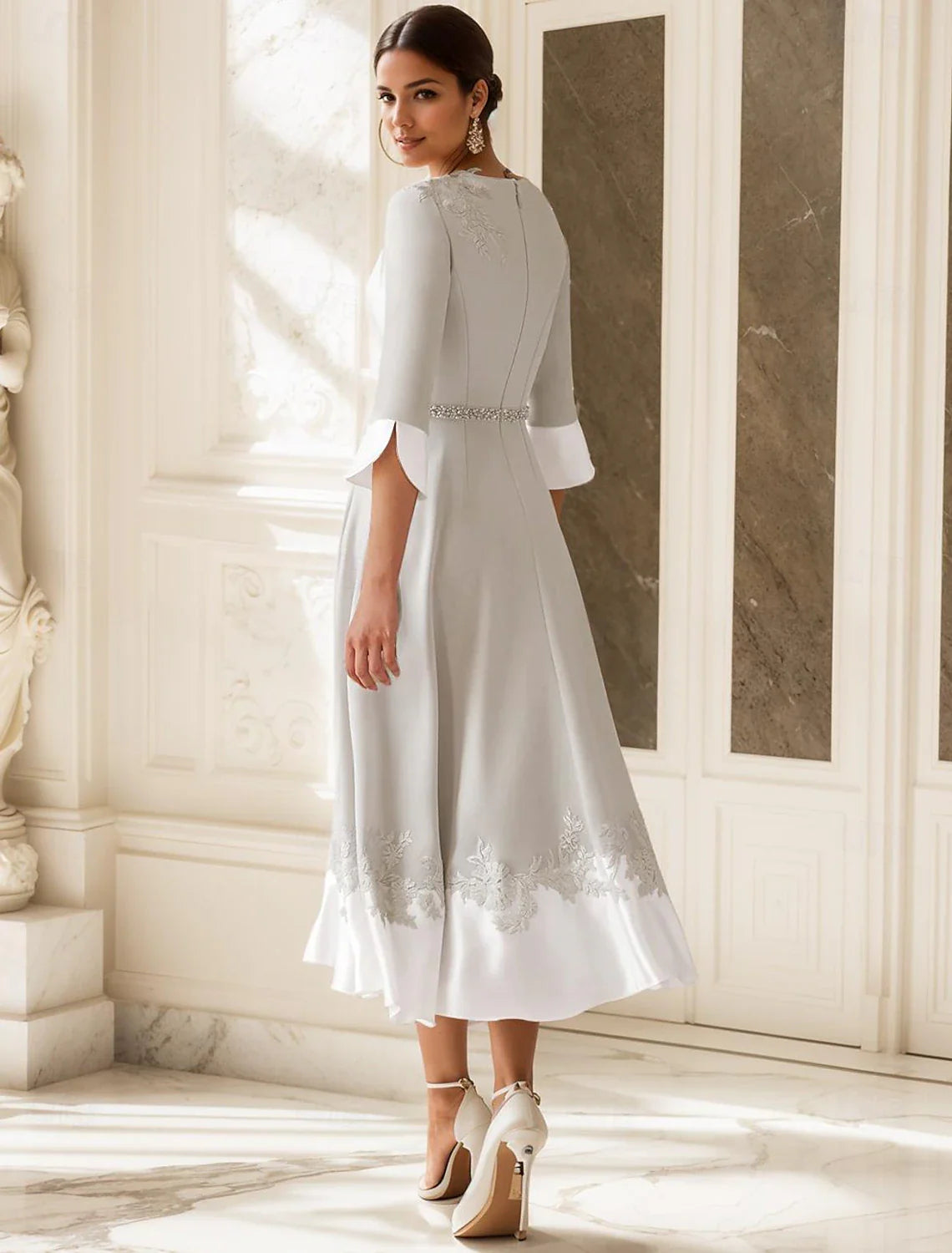 Aimishang A-Line V Neck Wedding Guest Mother of the Bride Dress Elegant Tea Length Half Sleeve with Appliques