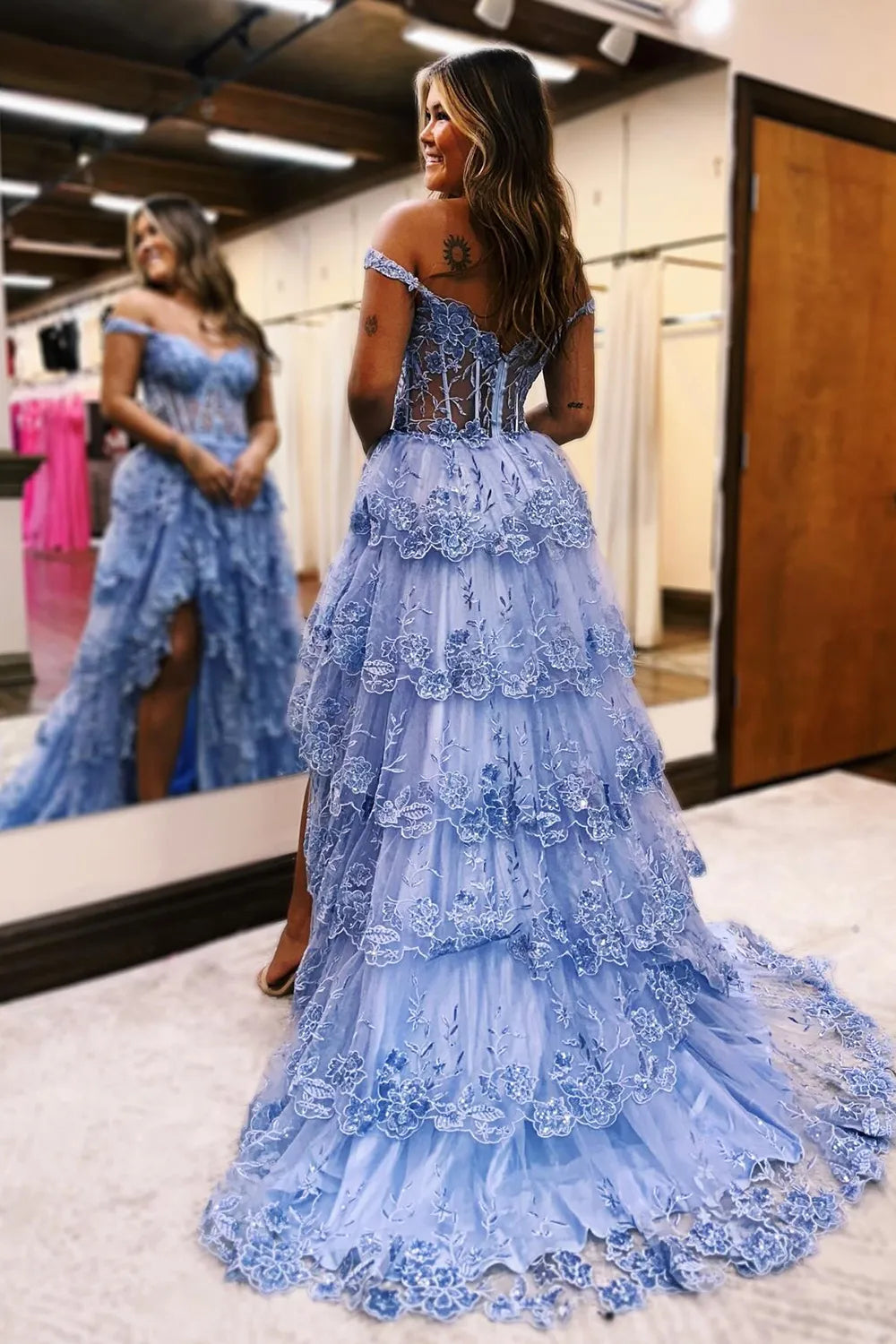 Shoulder Long Tiered Prom Dress With Appliques Off Shoulder