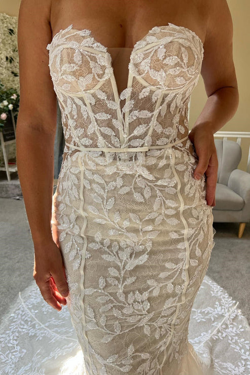 Ivory Lace Strapless Mermaid Long Wedding Dress Off Shoulder Sexy