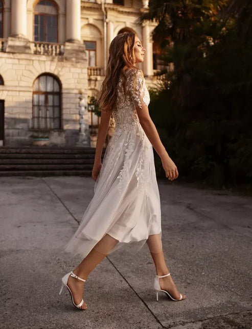 Tea Length Sleeves Ethereal Modern A-Line V-Neck Button Back Wedding Dress Elegant