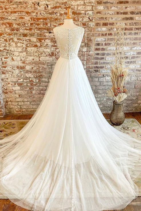 White Tulle Lace Long Prom Dress A-Line V-Neck Formal Evening Dress Wedding Dress