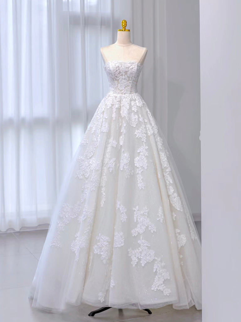 A-Line Tulle Lace ivory Long Prom Dress Formal Dress Off Shoulder Wedding Dress