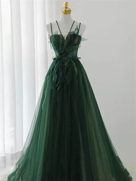 Dark Green Long Beaded A-line Evening Dress Party Dress Prom Dress Formal Dress december wedding guest dress