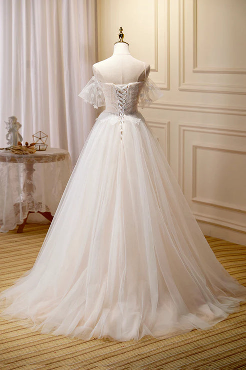 Champagne Floor Length Lace Long Prom Dress Off the Shoulder Evening Dress Wedding Dress