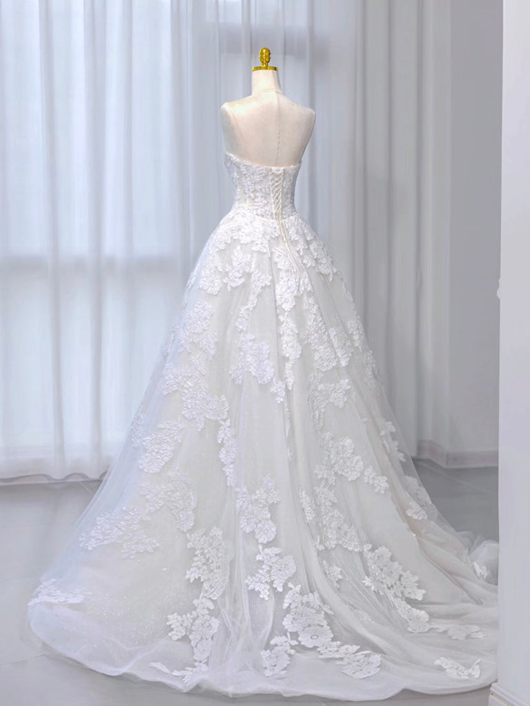 A-Line Tulle Lace ivory Long Prom Dress Formal Dress Off Shoulder Wedding Dress