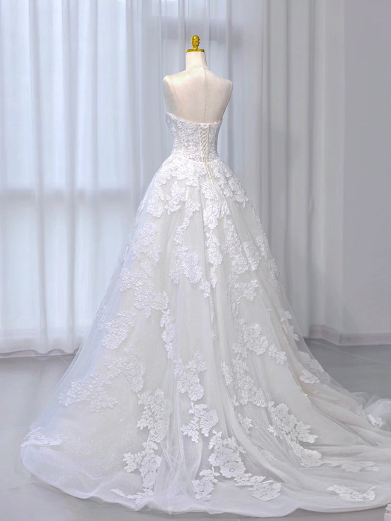 A-Line Tulle Lace ivory Long Prom Dress Formal Dress Off Shoulder Wedding Dress