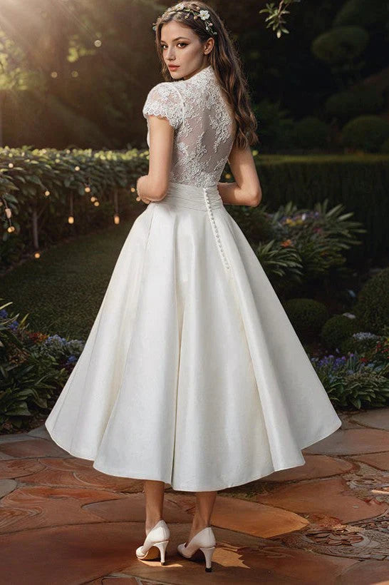 Ivory Ball Gown Wedding Dress Tea Length Lace V Neck Bridal Dress Elegant Formal Dress