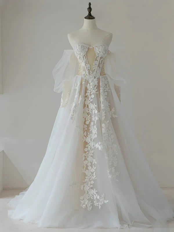 A-Line Lace Tulle Long Prom Dress Bride Gown Wedding Dress Beautiful