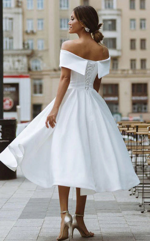 A-Line Satin Tea Length White Off the Shoulder Wedding Dress Sexy Elegant