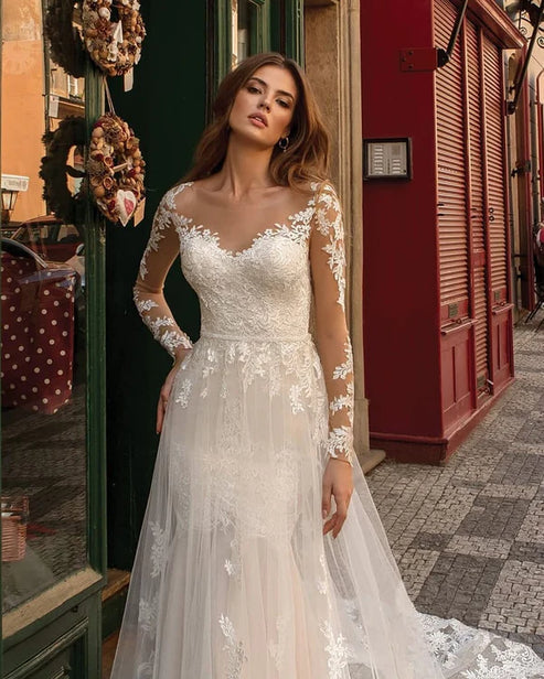 Modern Long Sleeves Mermaid Lace Ivory Wedding Dresses Beautiful