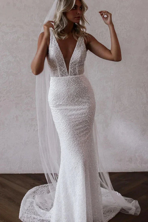 Sparkly Mermaid V Neck Sequins Lace Long Wedding Dresses Open Back Sexy