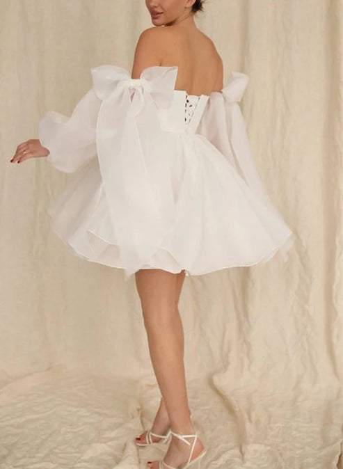 A-Line Puff Long Sleeves Short Wedding Dresses With Bows Off Shoulder