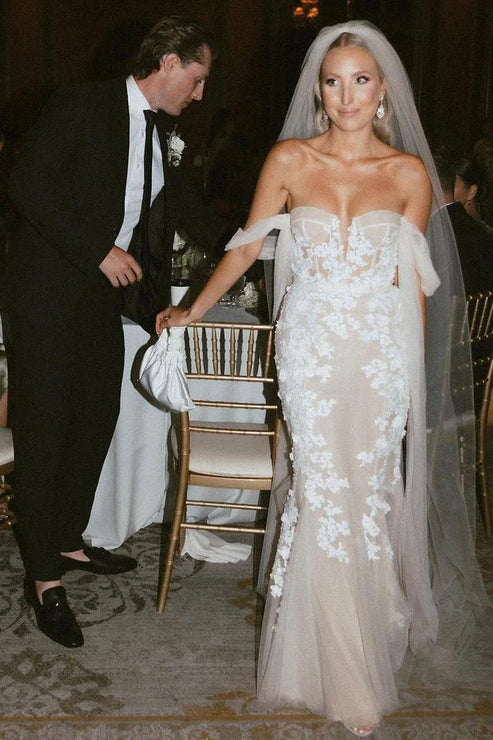 Glamorous Mermaid Off the Shouder Tulle Lace Wedding Dresses Beautiful