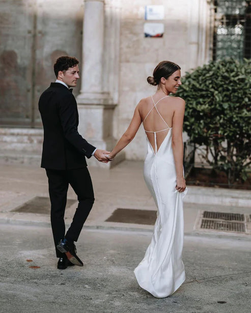 Charming Sheath Silk Satin Wedding Dresses with Slit Simple White Sexy Party Dress Formal Dress