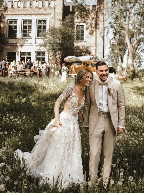 Romantic A-line Wedding Dresses With Long Sleeves Lace Bridal Gowns Elegant
