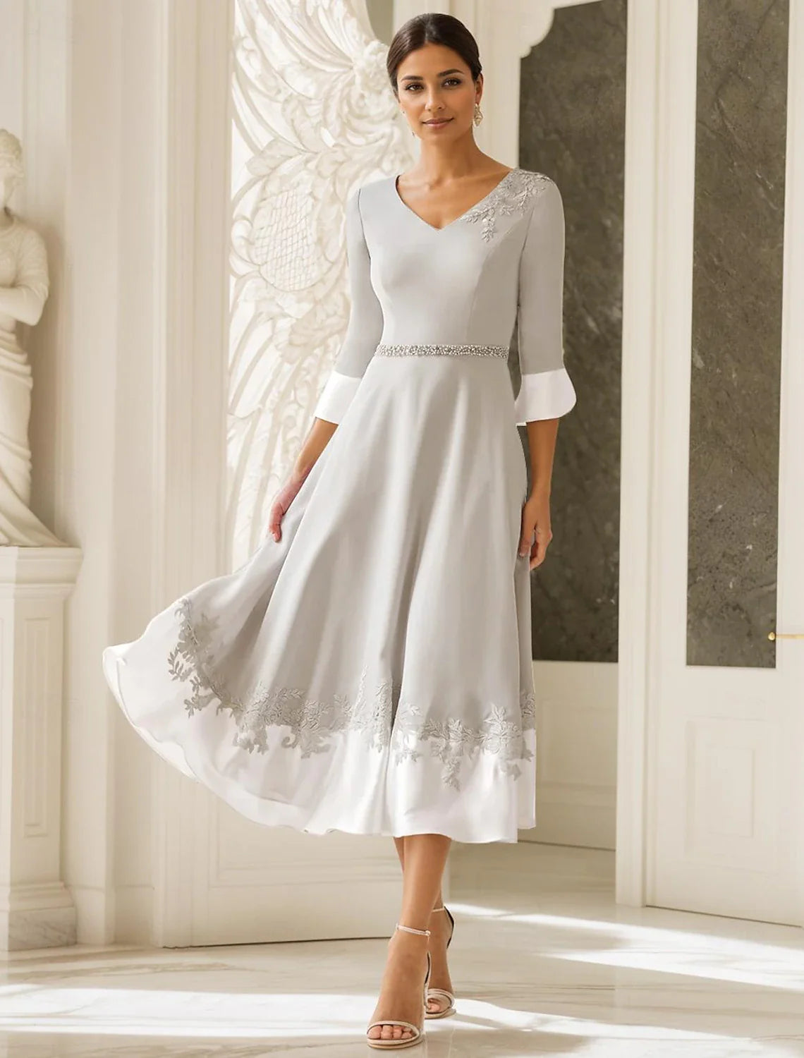 Aimishang A-Line V Neck Wedding Guest Mother of the Bride Dress Elegant Tea Length Half Sleeve with Appliques