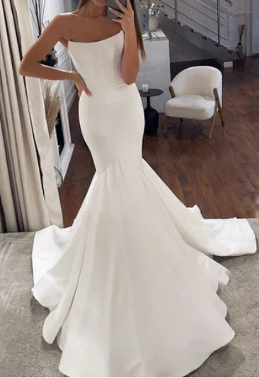 Simple Mermaid Strapless Satin Wedding Dress Bridal Gowns Off Shoulder White