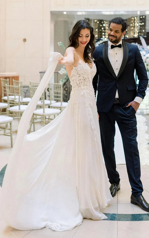 Spaghetti A-Line Lace Bohemian Wedding Dress With Open Back And Split Front Sexy