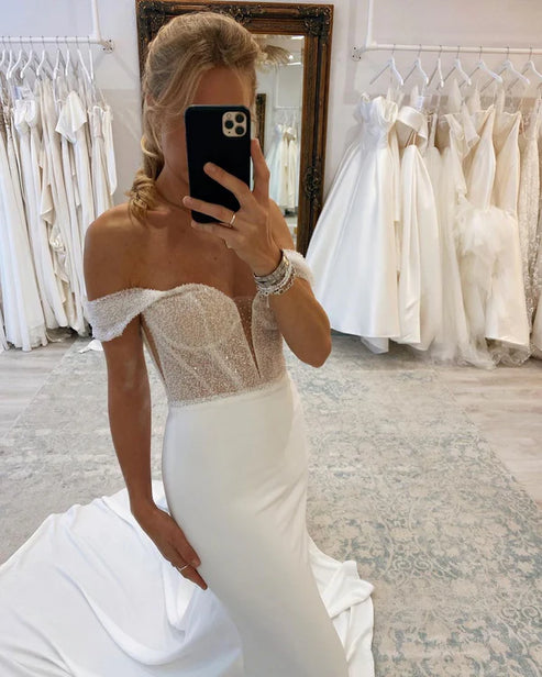 Charming Mermaid Off the Shoulder Satin Long Wedding Dresses with Sequins Sparkly