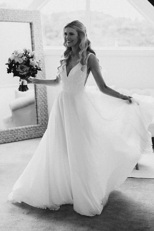 Elegant A-Line V Neck White Chiffon Wedding Dress with Appliques Beautiful
