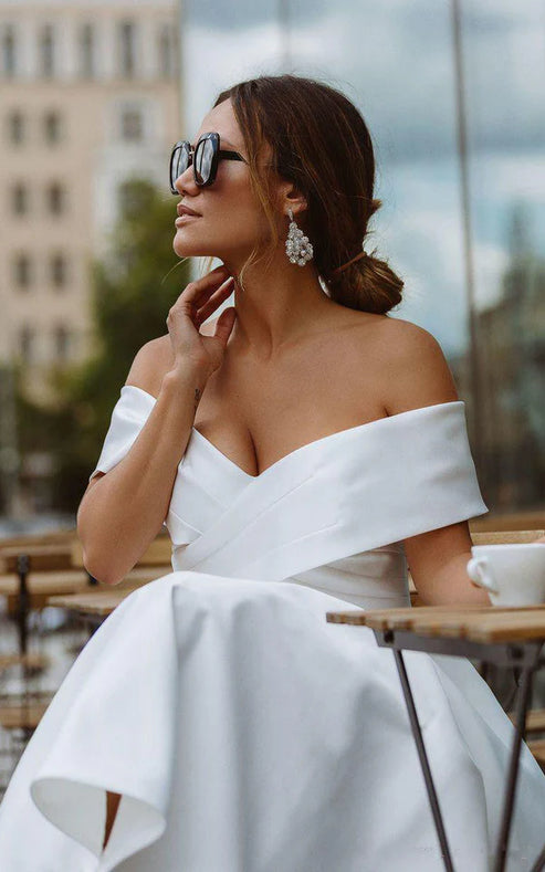 A-Line Satin Tea Length White Off the Shoulder Wedding Dress Sexy Elegant