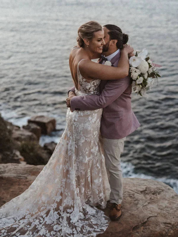 Long Sheath Wedding dresses Lace V-neck Bridal Gowns Floor Length Sexy Elegant