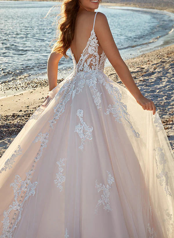 A-Line V-Neck Sweep Train Tulle Bridal Gown Floor Length Wedding Dress with Appliques