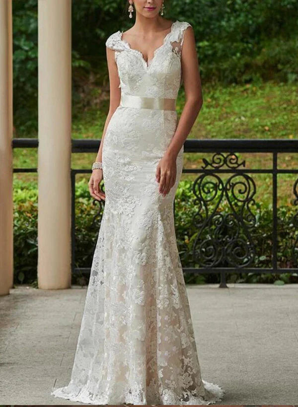 Lace Sheath/Column V-Neck Wedding Dresses With Bow(S) Sweep Train Sleeveless Elegant