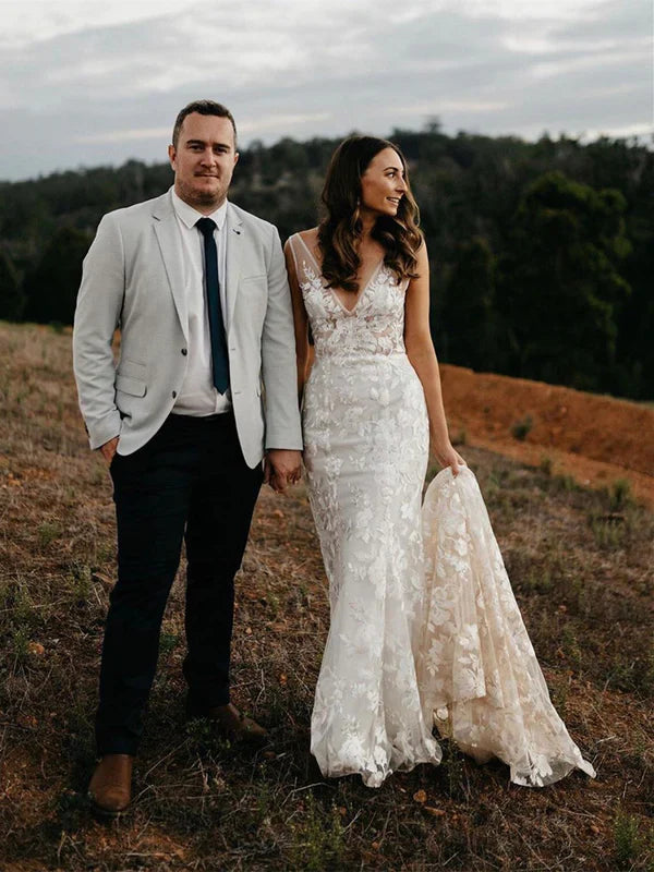 Long Sheath Wedding dresses Lace V-neck Bridal Gowns Floor Length Sexy Elegant