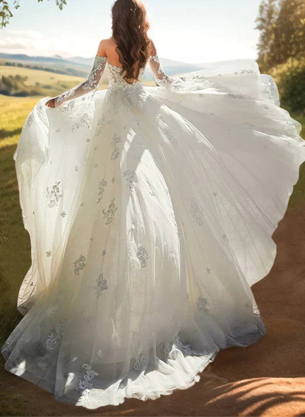 Sweetheart Long Sleeves Lace Wedding Dresses With Detachable Train Off Shoulder Beautiful