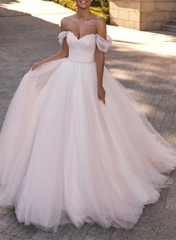 Vintage Tulle Wedding Dress Off Shoulder With Sleeves Floor Length Elegant Sexy