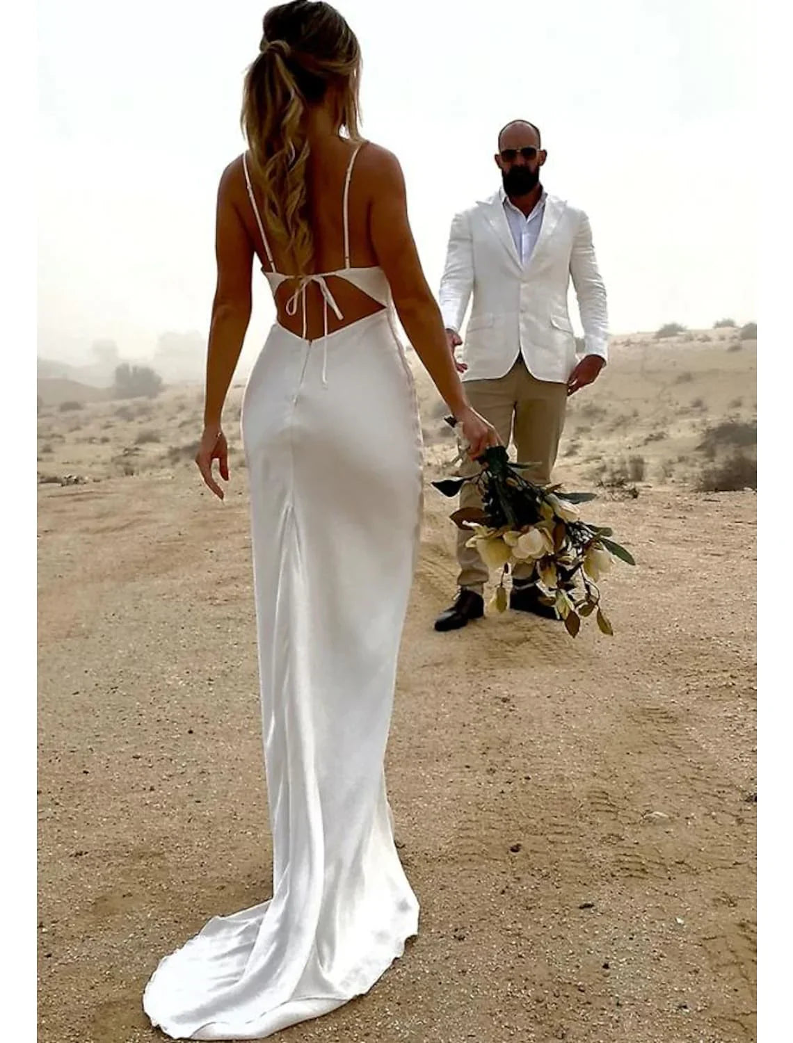 Open Back Casual Wedding Dresses Sleeveless Square Neck Strap Charmeuse Ruched Simple Formal Dress