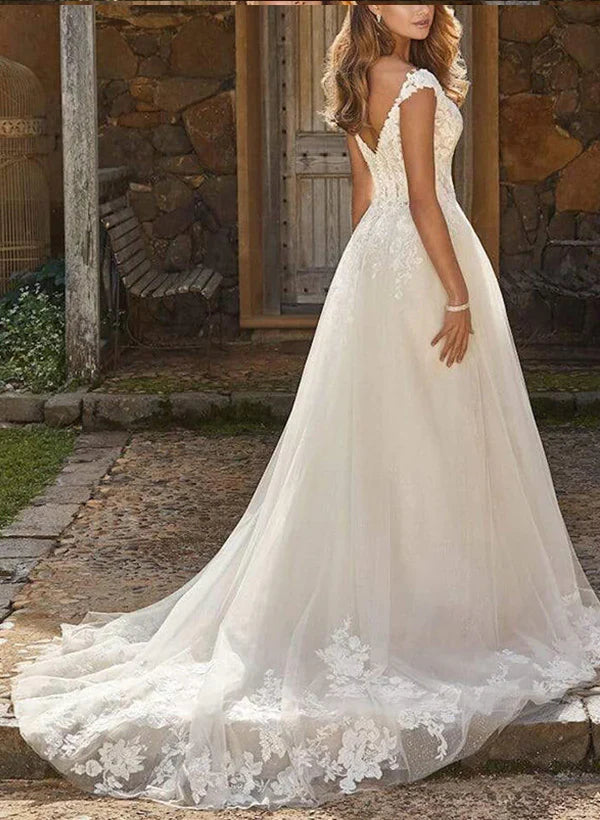 V-Neck Tulle Lace A-Line Wedding Dresses With Appliques Lace Floor Length Elegant