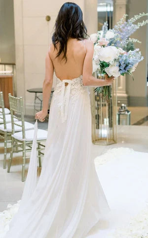 Spaghetti A-Line Lace Bohemian Wedding Dress With Open Back And Split Front Sexy