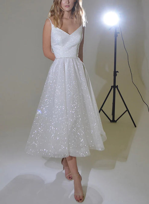 Shiny A-Line V-Neck Sleeveless Little White Sequined Wedding Dresses Short Party Dress