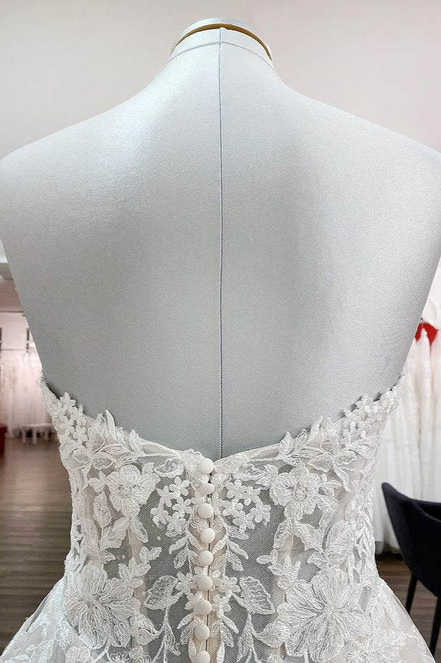 Ivory Tulle Lace Wedding Dress A-Line Sweetheart Bridal Dress With Sweep Train Off Shoulder