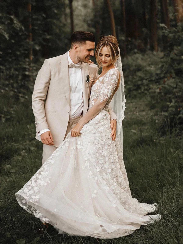 Romantic A-line Wedding Dresses With Long Sleeves Lace Bridal Gowns Elegant
