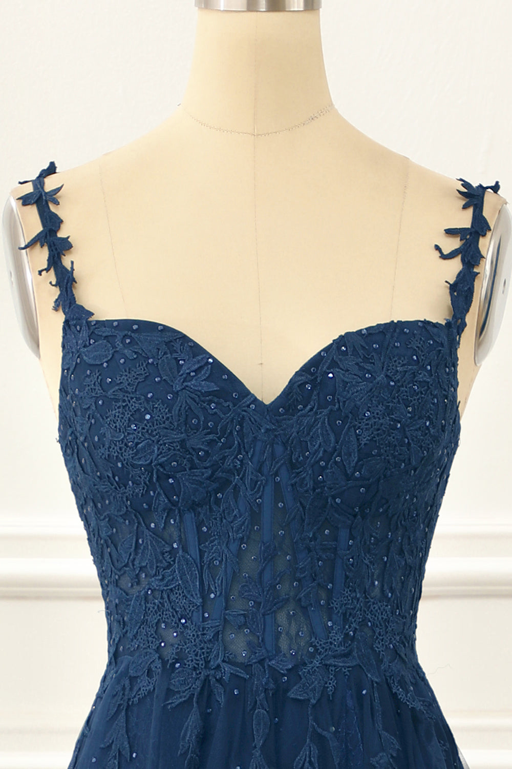 Navy Tulle A Line Corset Prom Dress With Appliques Floor Length Beautiful