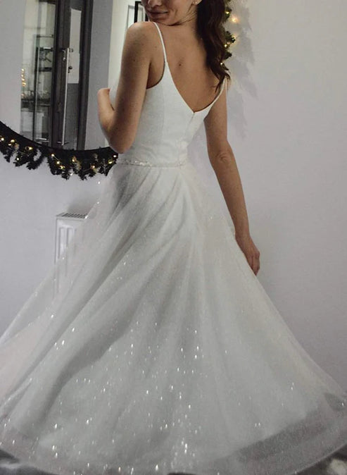Shiny A-Line V-Neck Sleeveless Little White Sequined Wedding Dresses Short Party Dress
