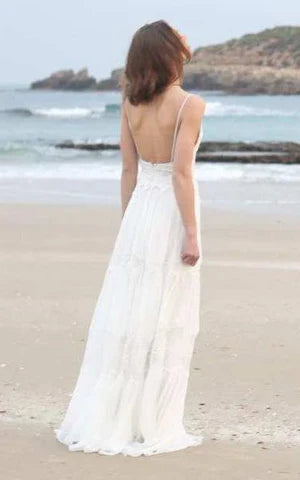 Spaghetti Sleeveless Chiffon Beach Boho Wedding Dress Open Back Elegant