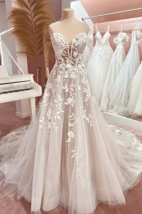 Fairy A Line Sweetheart Tulle Long Wedding Dresses with Appliques Off Shoulder Beautiful