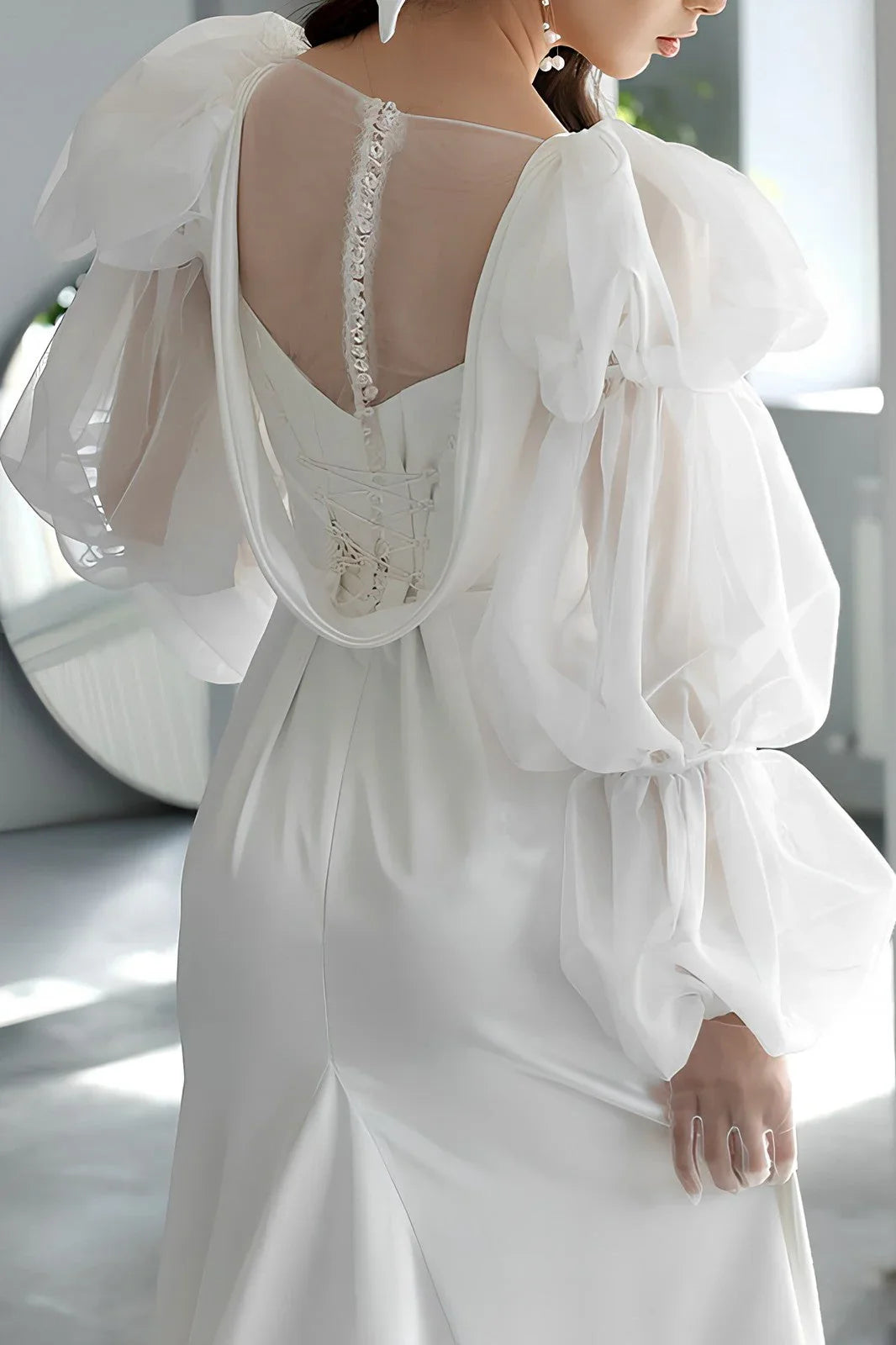 Ivory Square Neck Wedding Dress Long Sleeves Sheath/Column Bridal Dress Formal Dress