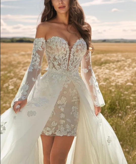 Sweetheart Long Sleeves Lace Wedding Dresses With Detachable Train Off Shoulder Beautiful