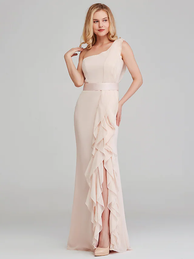 Shoulder Long Length Chiffon Bridesmaid Dress with Cascading Ruffles