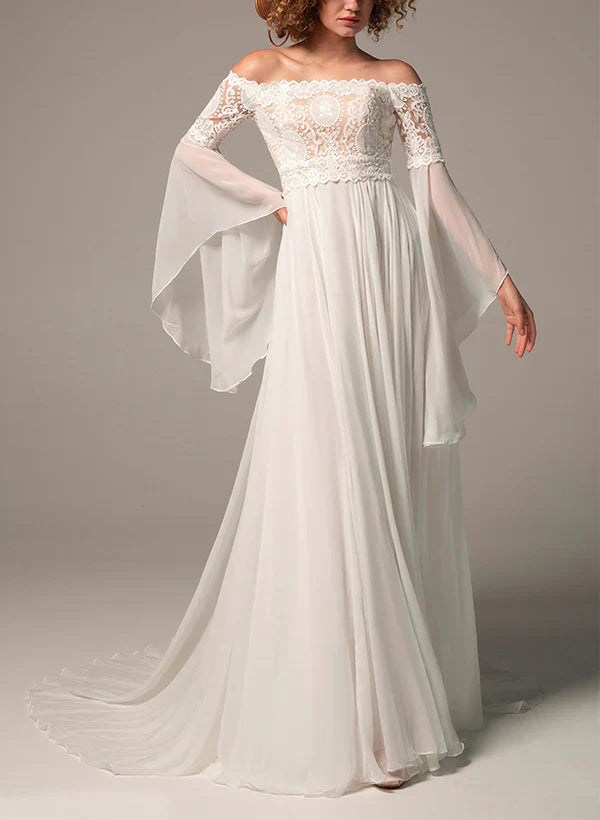 Off-The-Shoulder A-Line Wedding Dress With Long Sleeves In Chiffon/Lace Floor Length Elegant