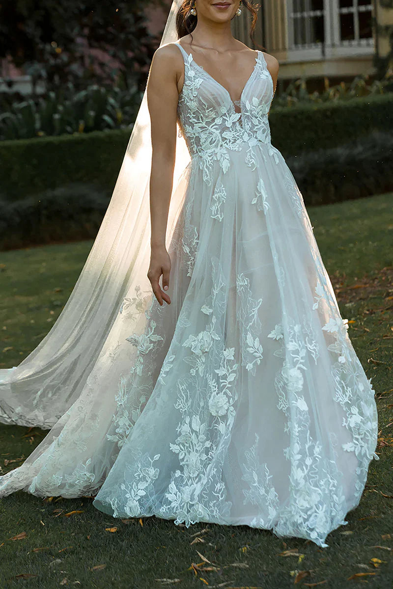 A Line Boho V Neck Lace Appliques Sweep Train Wedding Dress