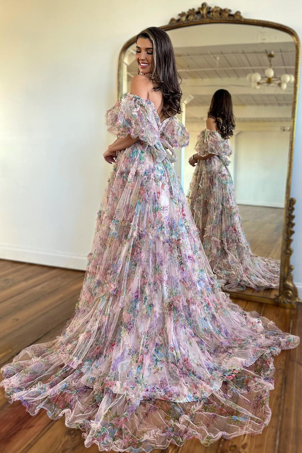A Line Pink Green Flower Strapless Corset Tulle Long Prom Dress Off Shoulder