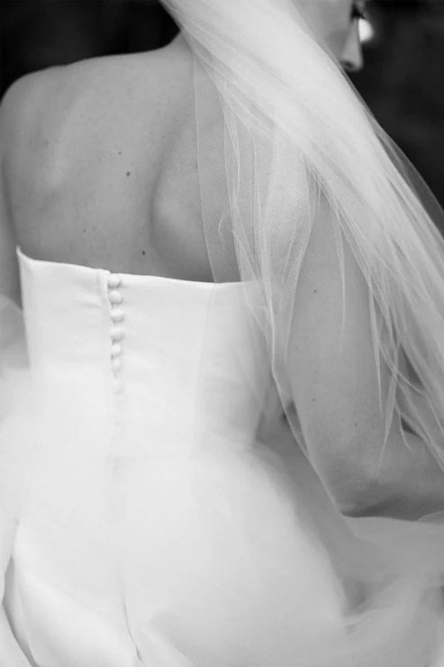 White Strapless Satin A-Line Wedding Dresses Off Shoulder With Slit