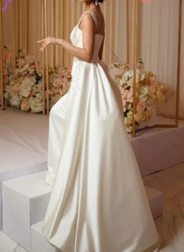 Luxury Satin Wedding Dress Beaded One Shoulder Bridal Dress With Panel Train Floor Length Elegant
